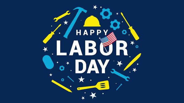 4K Happy Labor Day Animation. American flag and labor tools on navy blue background. 