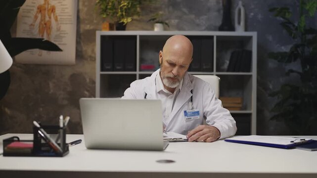 Middle-aged male doctor completes medical paperwork while working in his office