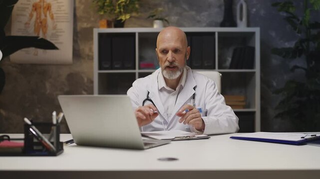 Middle-aged male doctor consults patient on laptop during video appointment