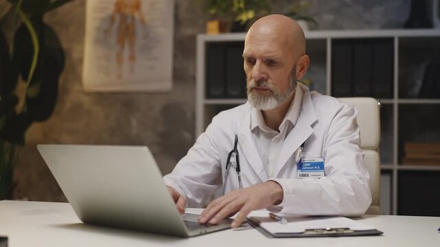 Male cardiologist types on laptop in clinic, exhausted from work and burnout