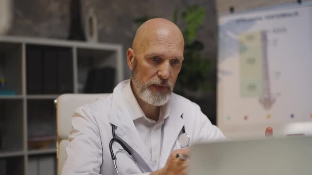 Experienced male cardiologist consults patient via video call, telemedicine