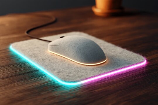 Gaming mouse on a RGB mouse pad (cyan and pink lighting), dark wood desk, side angle, dramatic low light