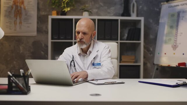 Male doctor types on laptop in his office, feeling tired from work overload