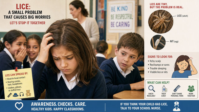 Sad schoolgirl scratching head in classroom with educational head lice awareness infographic elements