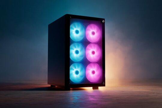 Gaming PC tower with tempered glass side panel, visible RGB fans inside (blue and pink), dark room, soft glow
