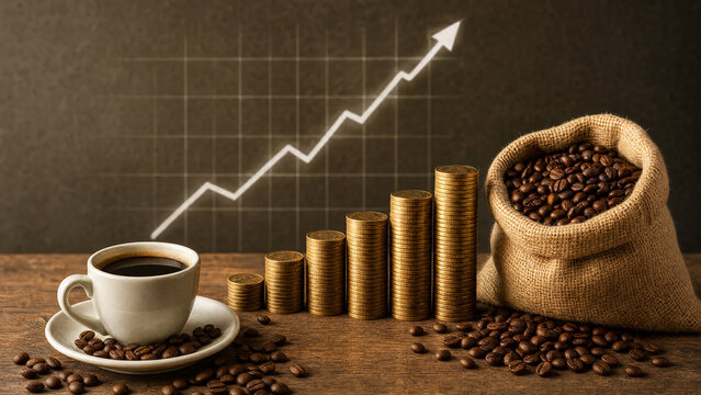 Coffee price growth concept with coffee cup, growing stacks of coins, and burlap sack of beans