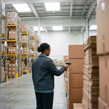 Female warehouse worker scanning cardboard boxes with a handheld barcode reader in a modern distribution center