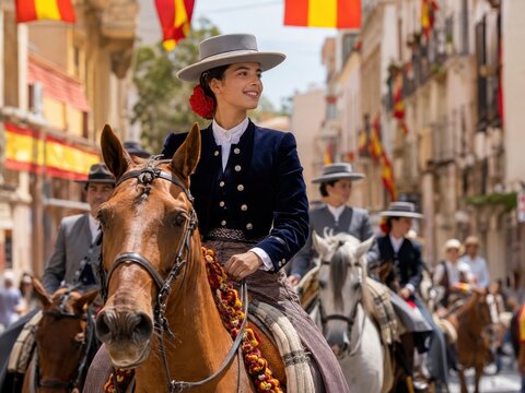 Reiterin in traditioneller spanischer Tracht auf einem festlich geschm&uuml;ckten Pferd w&auml;hrend der Fiesta Nacional de Espa&ntilde;a. Authentische Parade, Kultur und gelebtes Brauchtum in historischer Altstadt.