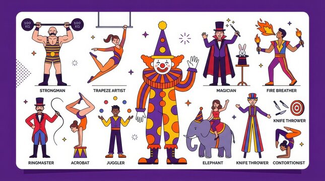 Circus Performers Vector Illustration Set Featuring Clown, Magician, Strongman, and Acrobat Characters
