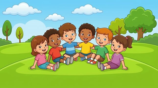 Group of Happy Young Kids Resting Together on Fresh Green Lawn Cartoon Background children kids boys girls grass lawn happy cartoon illustration group outdoors nature summer play playing cheerful