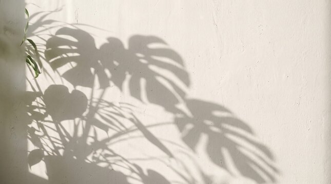 Tropical monstera leaf shadow cast softly against a rustic white wall with bright natural daylight sunlight