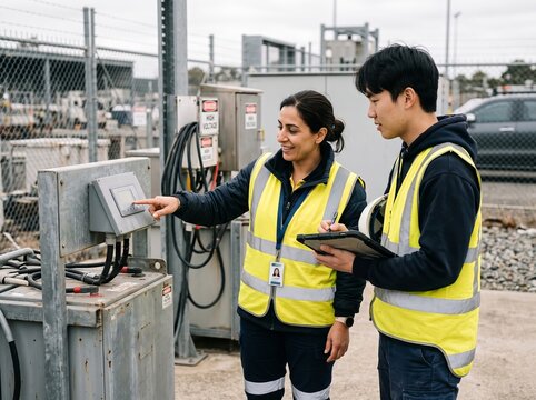 Female technician showing a control panel readout to a male colleague at a facility