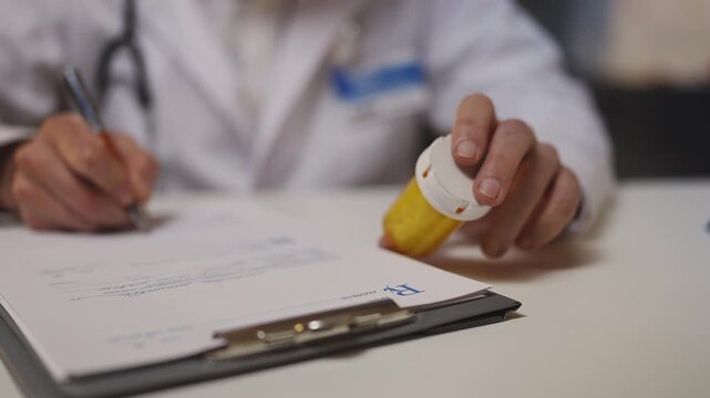 Male doctor fills out prescription form, prescribing patient medication