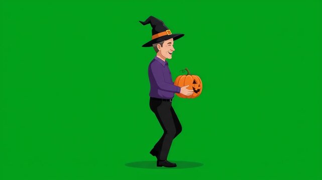 Young man dressed as a witch carrying a pumpkin for Halloween celebration on a green screen background.