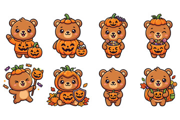 Obraz premium Happy halloween bear costumes collection with pumpkins and candy on white background.