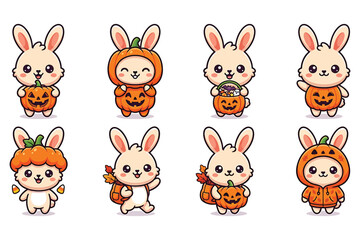 Obraz premium Adorable halloween bunny illustrations collection with pumpkins and costumes on white background.