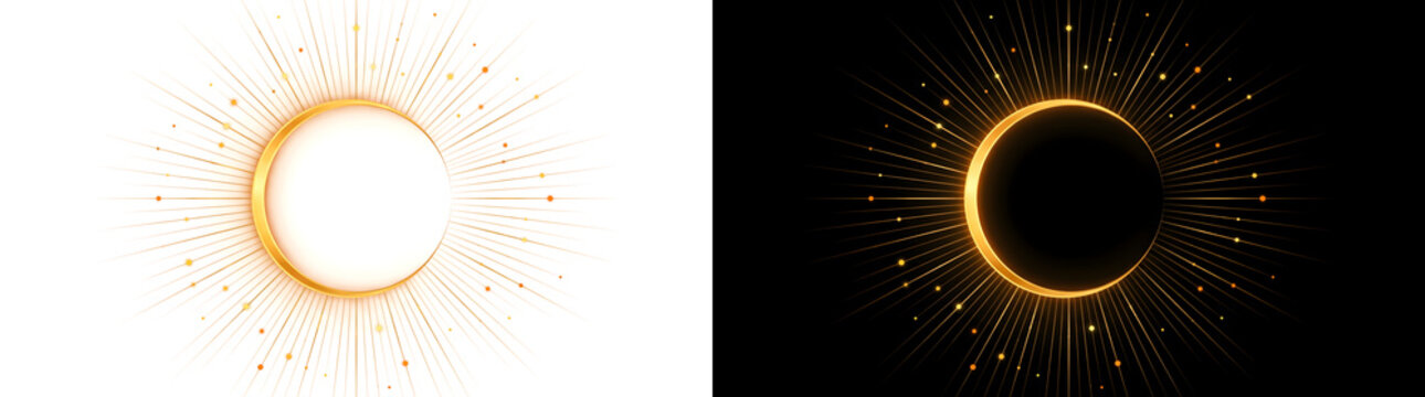 Technology background with a glowing golden solar eclipse ring surrounded by radiating light rays for digital designs, PNG, Transparent and Black Background Versions