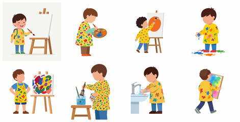 Fototapeta premium Set of flat vector illustrations featuring a young boy painting, showing creative process from using an easel to cleaning up, childhood art education and hobby concept