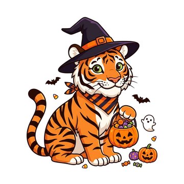 Cute tiger cub wearing a witch hat holding a pumpkin candy bucket for Halloween celebration.