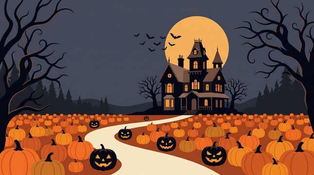Halloween haunted house with jack o lanterns on winding path under full moon