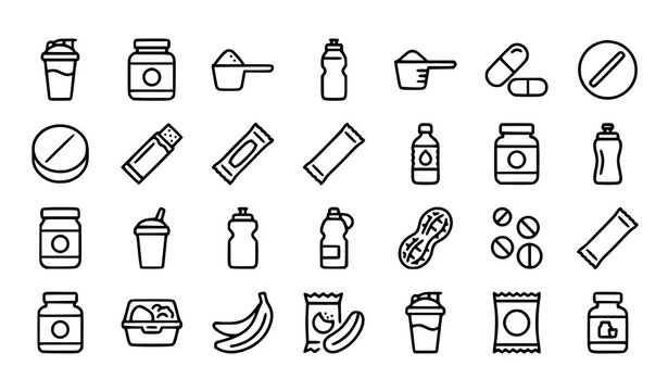Fitness Supplements and Sports Nutrition Line Icon Set Featuring Protein Powders Shaker Bottles Vitamins Capsules Energy Bars and Healthy Snacks for Workout Layouts