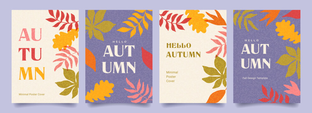 Set of trendy minimal autumn posters with colorful fall leaves and modern typography. Fall background, cover, sale banner, flyer holiday design. Template for advertising, web, social media.