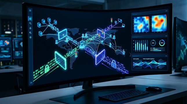 Cyber Security System Interface Visualizing Data Encryption Network Protection Protocols And Digital Innovation In Dark Setting digital background innovation security system data protection internet