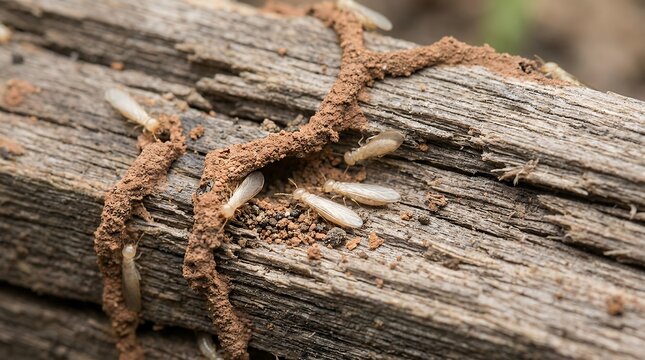 Macro View Of Termites Constructing Mud Tunnels Over Weathered Wood Surface Visualizing Pest Infestation And Material Damage termite building mud tube wooden surface crawling close-up infestation