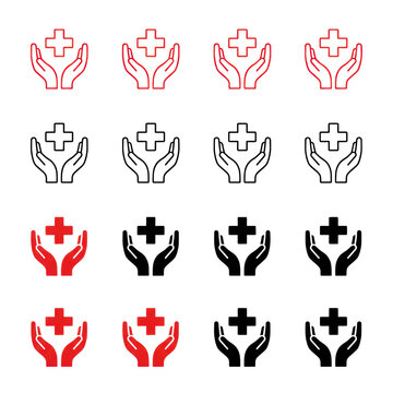 Minimalist red and black vector icons showing stylized human hands gently cupping and cradling an equilateral cross on a white background, humanitarian aid concept
