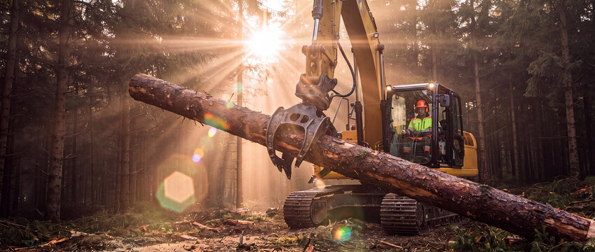 Forestry excavator lifting timber log in forest, featuring heavy industrial machinery with claw grabber in golden sunbeam backlight, ideal for lumber industry and sustainable wood production