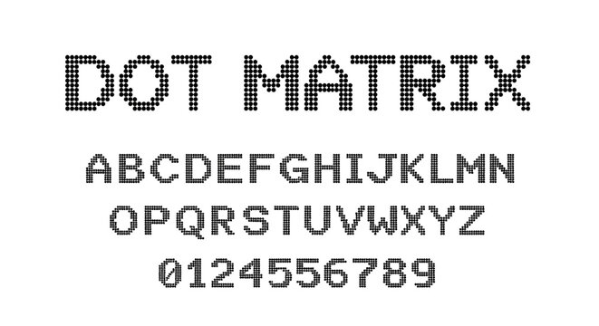 Dot matrix font vector set, retro pixel alphabet and numbers, vintage digital display typography for tech interfaces
