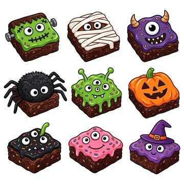 Colorful Halloween monster cube characters set with spooky faces and festive designs for party decor