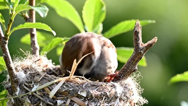 A small brown bird sits quietly inside its handmade nest