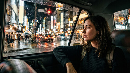 Fototapeta premium A woman sits in a car looking out the window at a rainy city street at night