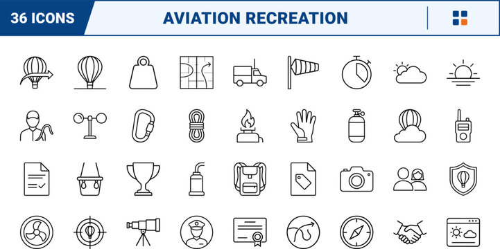 Hot Air Balloon Ride line icon set. Vector pictograms of aviation, flight, tourism, and adventure elements, thin linear illustration.