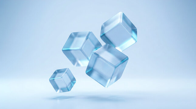 Four abstract glowing blue translucent cubes floating in space with soft lighting and subtle reflections creating modern design.