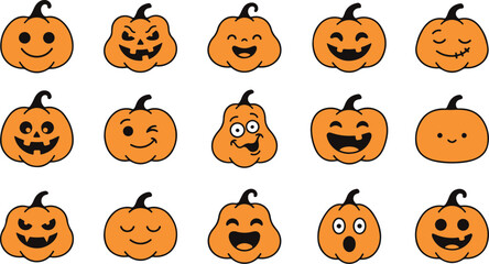 Fototapeta premium Set of fifteen orange halloween pumpkin with various facial expressions and carved jack-o'-lantern faces isolated on a white background