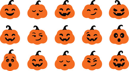 Fototapeta premium Set of fifteen orange halloween pumpkin with various facial expressions, featuring smiling, winking, surprised, and sleeping jack-o'-lantern faces on a transparent background