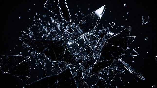 Shattering glass shards frozen in midair over black background represent sudden impact and destruction ideal for creative visual concepts or high speed motion.