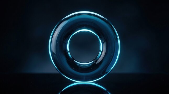 Glowing neon blue ring floats in dark studio space as abstract futuristic element for technology presentations and creative digital art backgrounds with light.