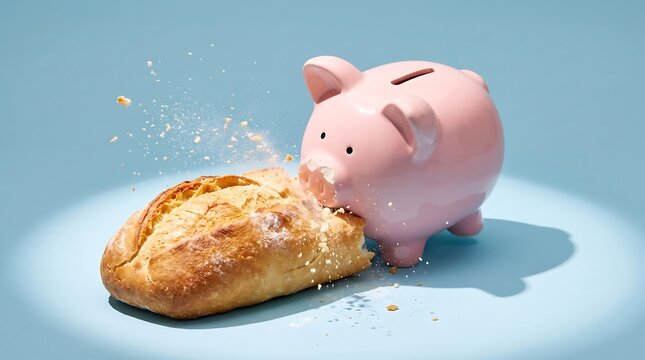 Pink ceramic piggy bank breaking a loaf of bread on a light blue background, with flying crumbs, and dramatic studio, lighting for a concept