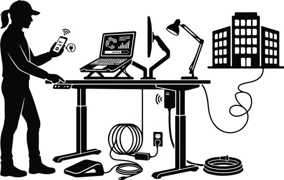 Woman controlling smart adjustable standing desk with smartphone app vector illustration