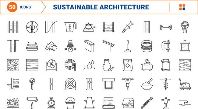 Rammed earth layers line icon set. Vector pictograms of material, formwork, compaction, and testing elements, thin linear illustration.
