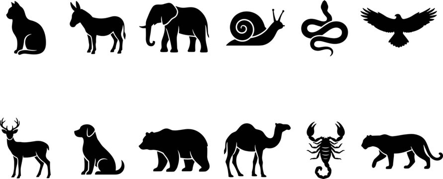 Set of black silhouettes of various wild and domestic animals