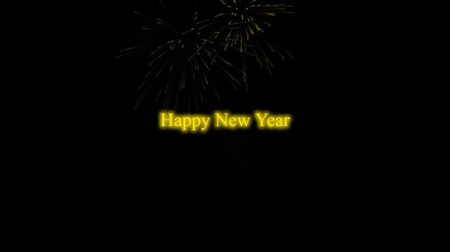 Happy New Year text animation with golden fireworks in the dark night sky background.