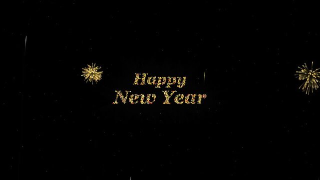Glittering Happy New Year text with fireworks in the dark night sky background.