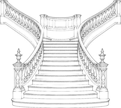 Grand vintage double staircase with ornate balustrade and central flight vintage architectural line art illustration