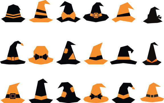 Collection of eighteen flat witch hat in black and orange colors, arranged in three rows on a transparent background