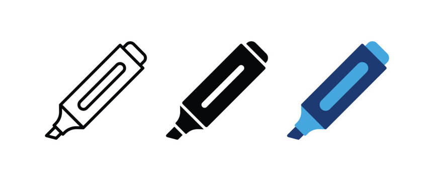 Highlighter pen marker stationery drawing writing office vector icon set