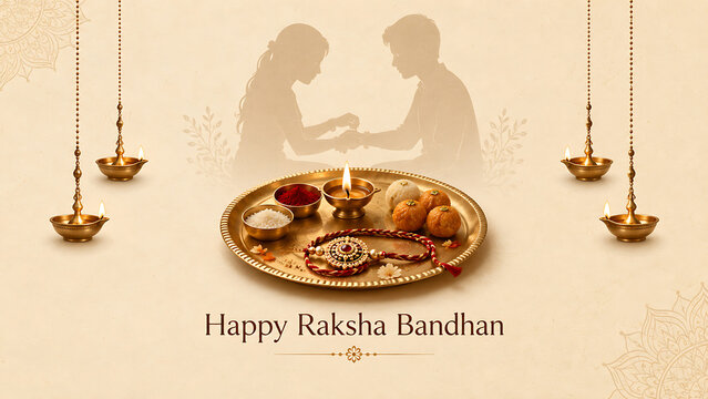 Traditional thali with sweets and lit diyas against sibling silhouette backdrop wishing happy raksha bandhan honoring the eternal bond of protection always